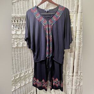 DEMOCRACY Women Size‎ M Embroidered BOHO Pantsuit Top+Crop Pants Indie Navy Blue